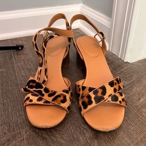 JCrew Calf Hair Leopard Low Block Heel Sandals
